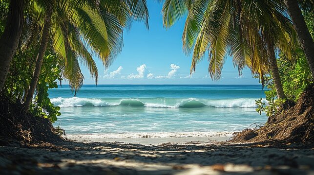 Calm ocean waves lap at the shore while palm trees frame a tranquil beach setting
