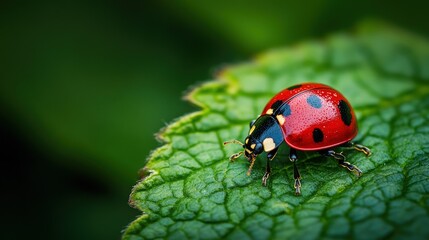 Fototapeta premium Ladybug walking on textured green leaf, showcasing its bright red shell with black spots, copy space