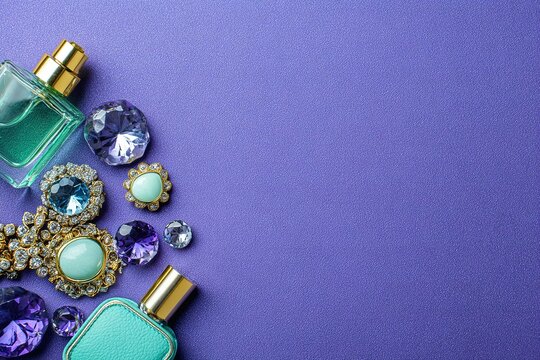 Elegant perfume bottles and sparkling gemstones arranged on a purple background for a stylish display - Powered by Adobe