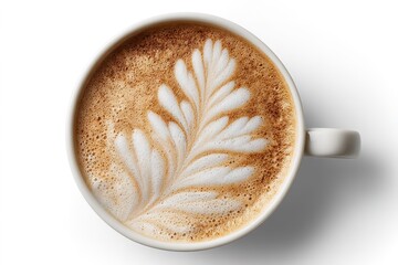 Latte art in a white cup featuring a delicate leaf design on creamy foam