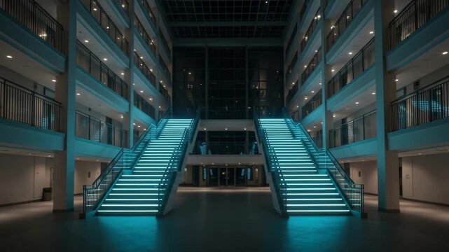 Illuminated staircase in modern atrium with dynamic lighting and architectural symmetry. 4k Video footage