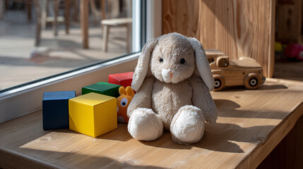 Stuffed bunny and wooden construction cubes on wooden table in kindergarten