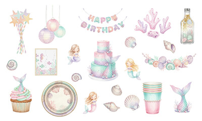Watercolor Little Mermaid Birthday Party Elements Set
