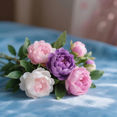 Fototapeta premium A bouquet of peony flowers with different colors including pink, purple, and white, showcasing their beautiful petals.