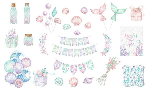 Watercolor Under The Sea Birthday Party Decoration Set