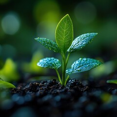 A small sprout with shiny leaves rises from moist soil as morning light filters through