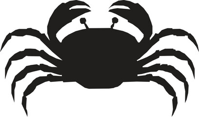 Black silhouette of a crab with raised claws on white background.