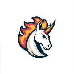 Dynamic Unicorn Mascot Head Illustration with Fiery Mane and Horn. Mythical Fantasy Creature Emblem Graphic Design.