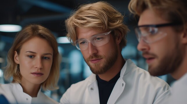 Laboratory scene with researchers monitoring nanorobot movement in liquid medium, displaying attentive expressions, symbolizing precision nanotechnology, AI integration, and futuristic scientific