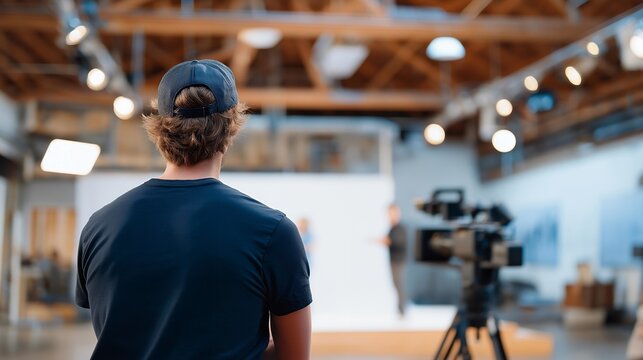 Photographer positions lights and adjusts equipment while assistants coordinate backdrops and subjects prepare, symbolizing behind the scenes creativity, technical setup, and teamwork shaping