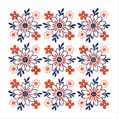 Floral pattern with orange and blue flowers isolated on white background, creating a vibrant and eyecatching design element