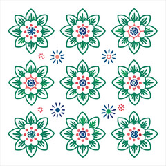 Floral pattern with green, pink and blue flowers isolated on white background, creating a vibrant and eyecatching design element