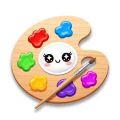 Cute cartoon artist's palette with colorful paint blobs and a paintbrush, featuring a kawaii face in the center.