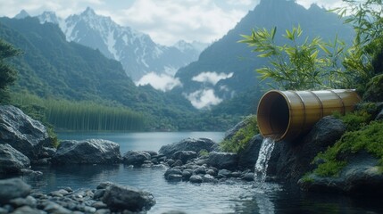 Water flows from a bamboo spout into a serene lake by towering mountains