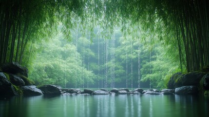 Obraz premium Gentle rain falls in a lush bamboo grove, creating a peaceful and calming atmosphere