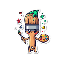 Cute cartoon paintbrush character holding a palette and small brush, with colorful artistic elements.