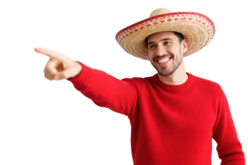 A man in a red sweater and sombrero points with a bright, cheerful expression.