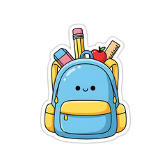 Cartoon backpack sticker with school supplies, including pencil, eraser, apple, and ruler.