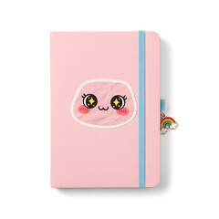 A cute pink notebook with a kawaii face sticker, a light blue elastic band, and a small rainbow charm.