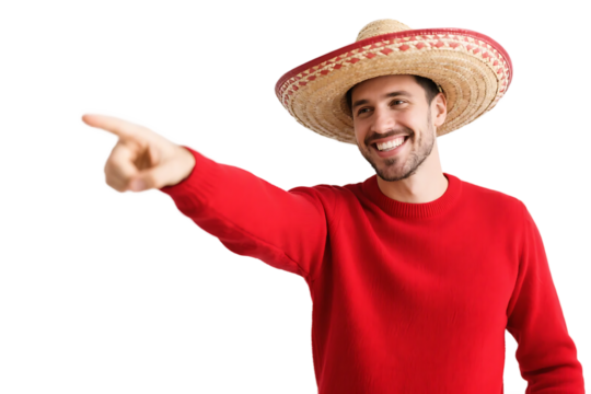 A man in a red sweater and sombrero points with a bright, cheerful expression.