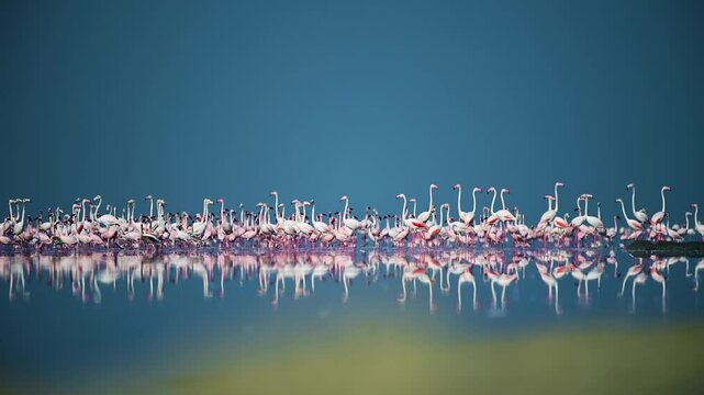 A large flock of flamingos wading in Sambhar Lake, Rajasthan, India. Soft pastel reflections, calm water, and golden light create a serene wildlife scene of harmony, beauty, and nature&rsquo;s grace.