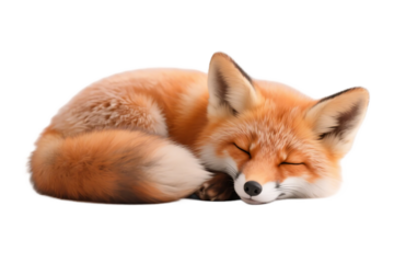 A red fox is peacefully sleeping with eyes closed, showcasing its soft fur and relaxed posture on a plain background.
