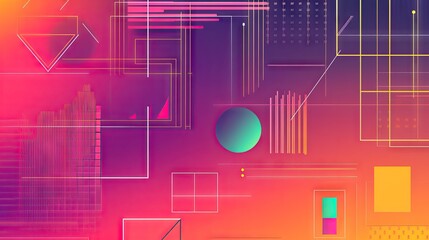 An abstract vibrant gradient background in pink, orange, and purple hues, featuring wavy lines, graphs, dots