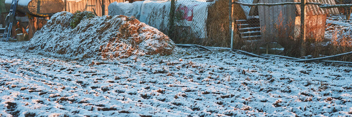 Early winter morning on a snow-dusted farm with rows of crops and metal fences.