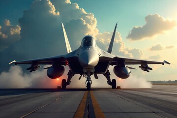 A colossal, imposing fighter jet dominates the frame, its powerful engines and weaponry clearly visible  Ready for action, it embodies raw power and aerial dominance ,  fuselage,  force