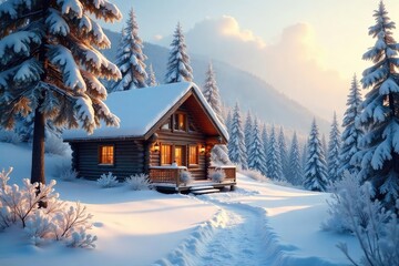 Naklejka premium A cozy cabin nestled in a snowy landscape, winter trees covered in frost, sunlight illuminating the scene Perfect for winter wonderland, holiday, and travel themes , mountains, warm, winter