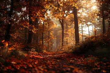 Fototapeta premium Beautiful October scene forest in shades of gold, red, and brown, with falling leaves, soft autumn sunlight, Majestic, like a perfect photograph of nature.