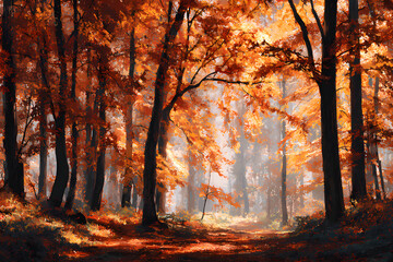 Fototapeta premium Beautiful autumn scene in shades of gold, red, and brown with falling leaves and soft autumn sunlight. Majestic, like a perfect photograph of nature.