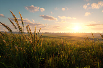 Fototapeta premium A bright June landscape with green meadows, ripening grains, bright sun in a clear blue sky, Majestic, image of early summer.