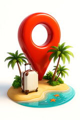 Travel location pin with suitcase and palm trees isolated on white background