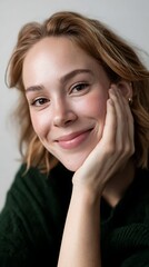 Fototapeta premium Close-up portrait of happy woman with soft smile. Natural beauty, healthy skin and relaxed pose captured in gentle daylight