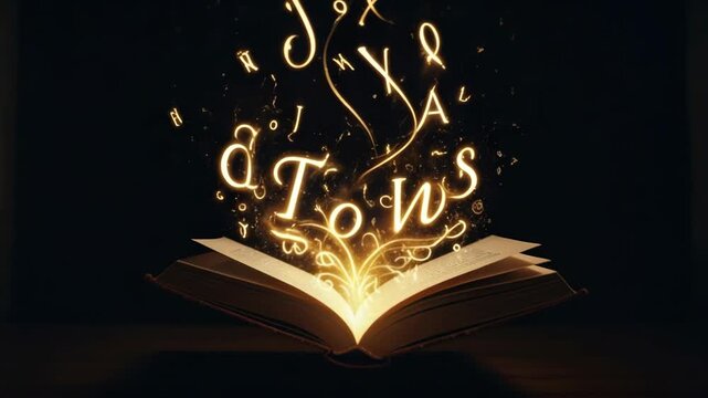 Enchanting letters emerge from book in glowing alphabetical dance. 4k Video footage