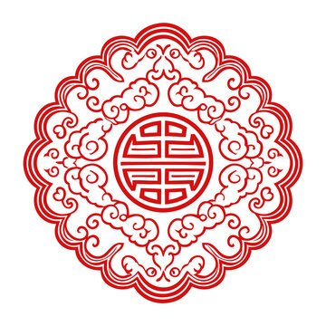 Traditional red Chinese longevity symbol (Shou character) with auspicious cloud patterns and ornate scalloped border design, vector art.