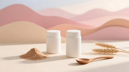 Image shows healthy supplements with wheat powder, bottles, spoon, and wheat ears for natural nutrition.