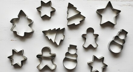 Overhead view of a collection of clean, metallic holiday cookie cutters in shapes like stars, gingerbread men, and Christmas trees on a white wood surface.
