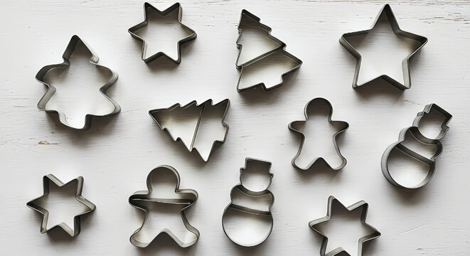 Overhead view of a collection of clean, metallic holiday cookie cutters in shapes like stars, gingerbread men, and Christmas trees on a white wood surface.