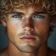 Young man showcases stunning features in golden light, emphasizing his unique appearance