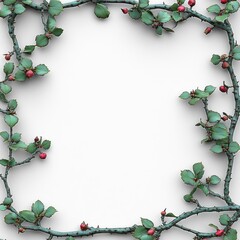 Branches with green leaves and small red fruits form a decorative border