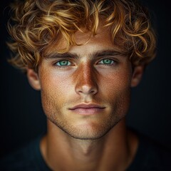 Young man gazes intensely with curly hair and green eyes, showcasing natural beauty