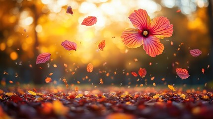 Colorful leaves swirl in the air around a blooming flower amidst a serene autumn setting