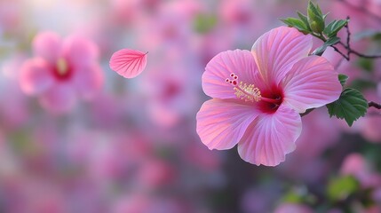 Vibrant pink hibiscus flowers bloom while a petal gently drifts away in soft sunlight