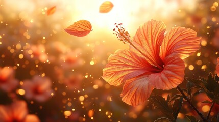 Bright hibiscus flowers bask in the sunset's warm hues, creating serenity