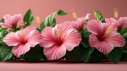 Vibrant pink hibiscus flowers and green leaves create a serene scene