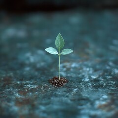 A small green plant sprouts from the dark soil, symbolizing resilience and hope in nature