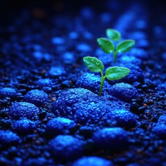 Young plants emerge from damp earth, glowing softly in moonlight's blue hue