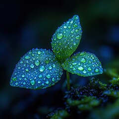 A small green plant with sparkling droplets rests on soft moss in morning light